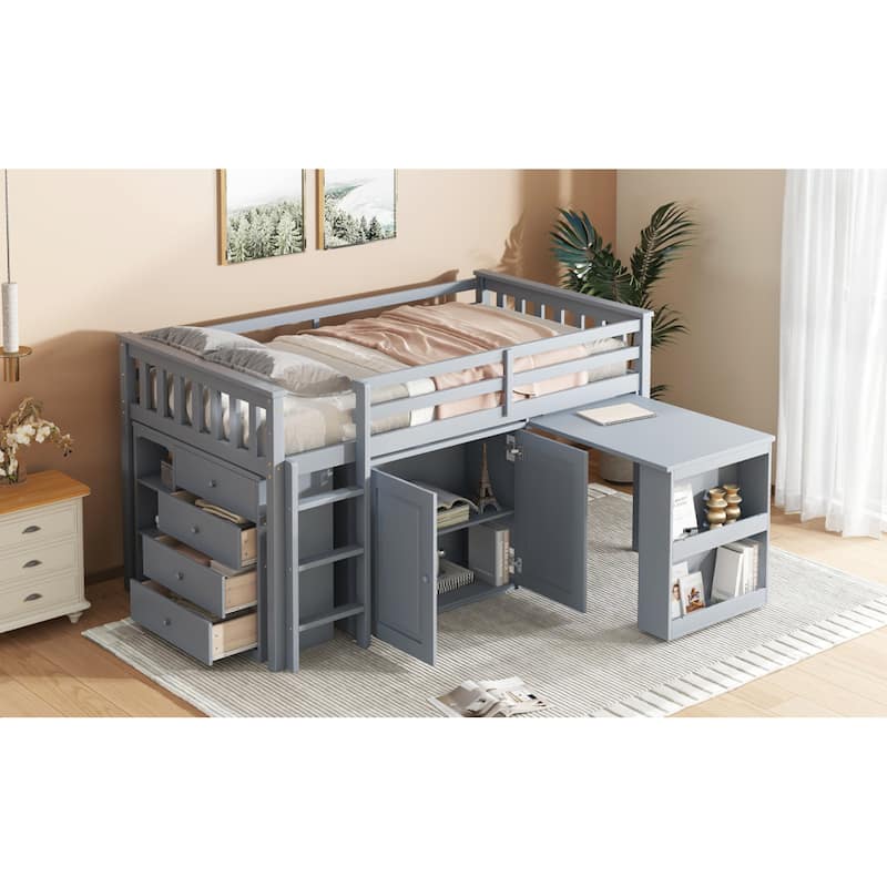 Roomfitters Twin Loft Bed with Storage Cabinet, Pull-Out Desk & Shelving, Rubber Wood Bed with Safety Guardrail & Ladder, Grey
