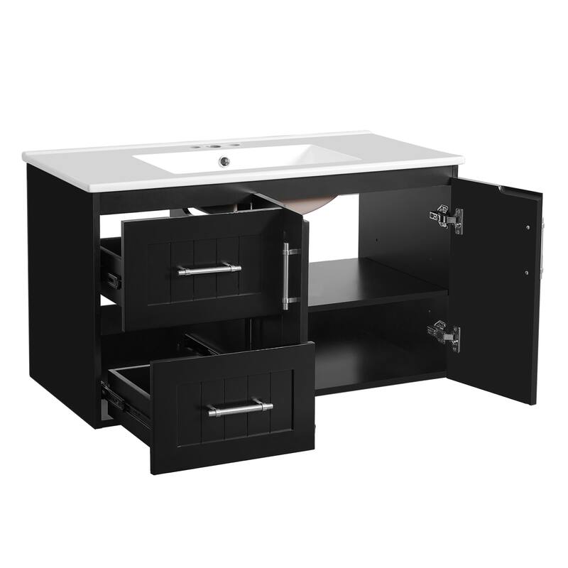 GDFStudio - Ardwell Modern Wall-Mounted Bathroom Vanity with 3 Holes Single Ceramic Sink, 2 Storage Drawers & Adjustable Shelf