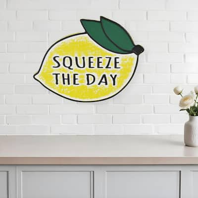 HomeRoots 14" X 19" Yellow and White Lemon Squeeze The Day Metal Wall Decor