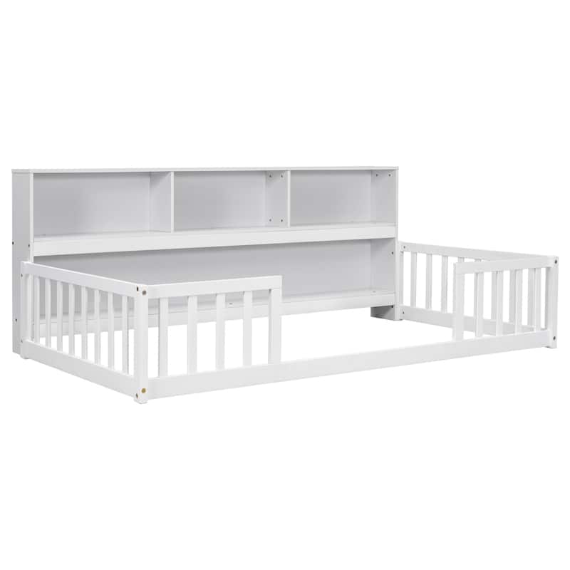 Twin Floor Bed with Bedside Bookcase,Shelves,Guardrails