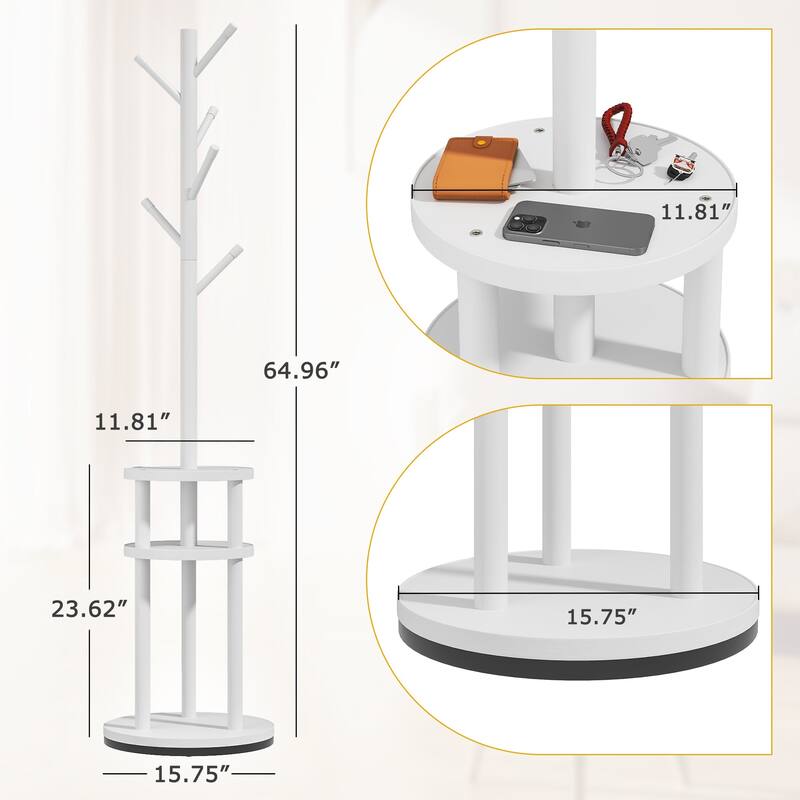 VECELO Modern Freestanding Coat Rack with 6 Branch Hooks Double Shelves, and Shoe Storage for Entryway Living Room Bedroom.