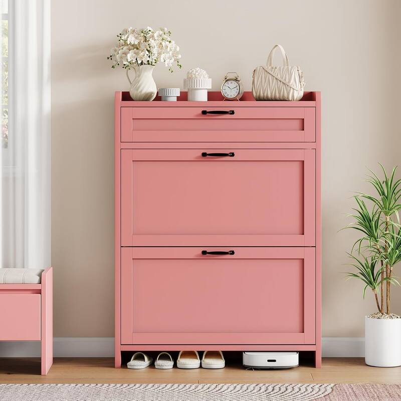 Freestanding Shoe Storage Cabinet Organizer with 2 Flip Drawers for Entryway Hallway Living Room - Pink
