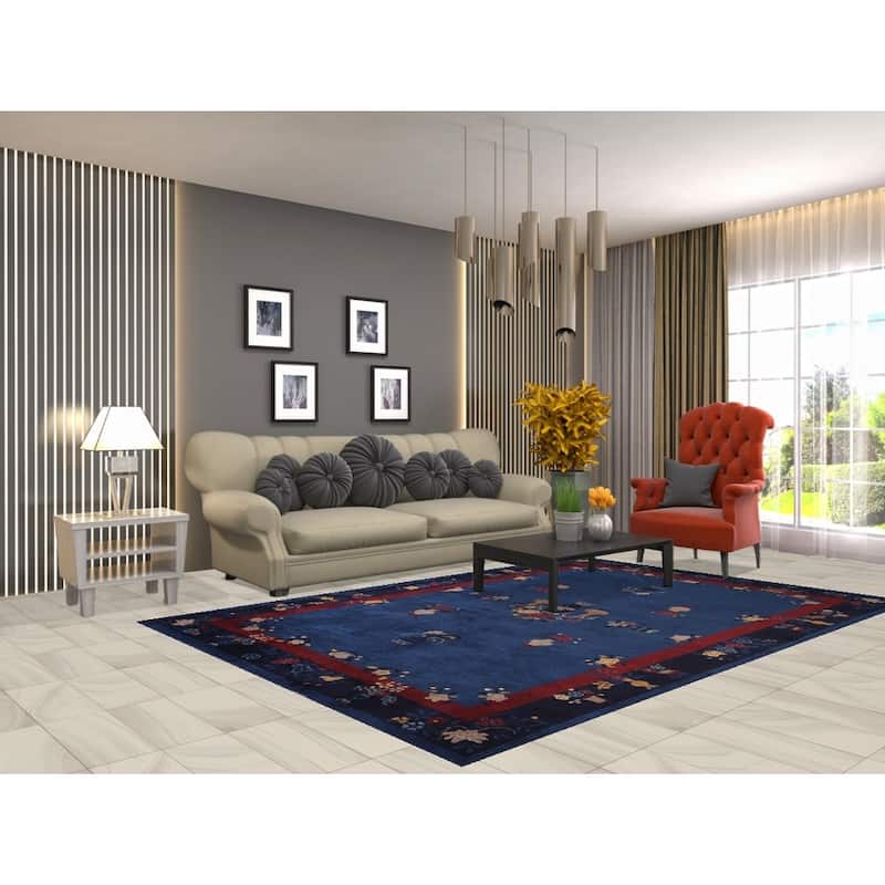 Vegetable Dye Blue Art Deco Chinese Antique Rug Handmade Wool Carpet - 6'1"x 8'10"