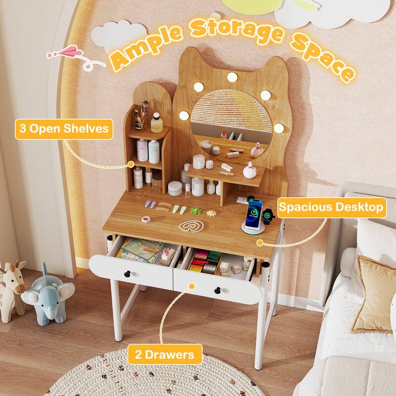 Lighted Vanity Desk with Mirror and Built in Charging Station Makeup Table with Storage Natural White - 31.5" x 19.5" x 59"