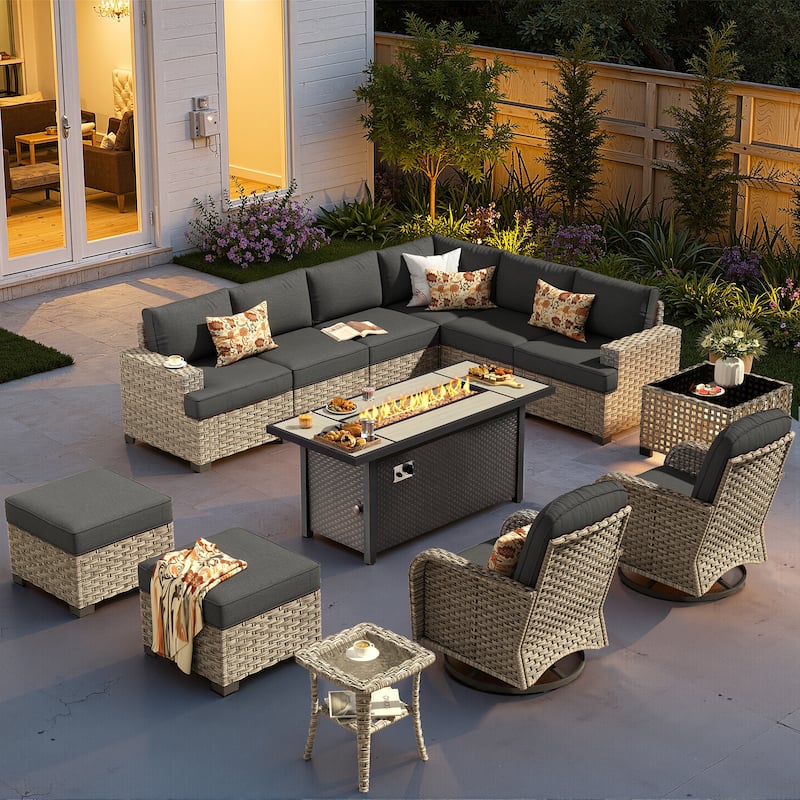 XIZZI 13-Piece Outdoor Wicker Sectional Swivel Chairs Set with Firepit Table - Black