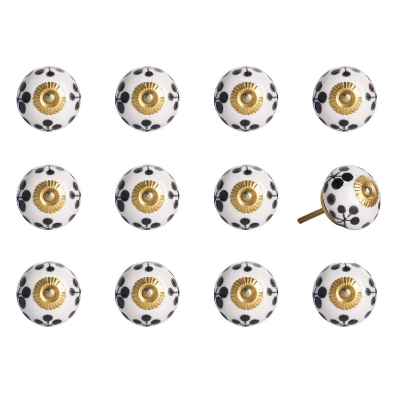 Set of 12 Ceramic Round Cabinet Knobs with Gold Finish and Floral Design Includes Screws and Back Plates - 1.5” x 1.5” x 1.5”