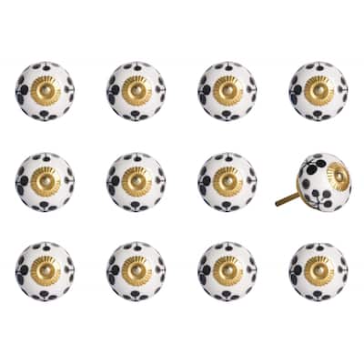 Set of 12 Ceramic Round Cabinet Knobs with Gold Finish and Floral Design Includes Screws and Back Plates - 1.5” x 1.5” x 1.5”