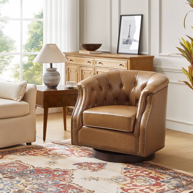 Max Traditional Chesterfield Rocker and Swivel Genuine Leather Chair with Nailhead Trims