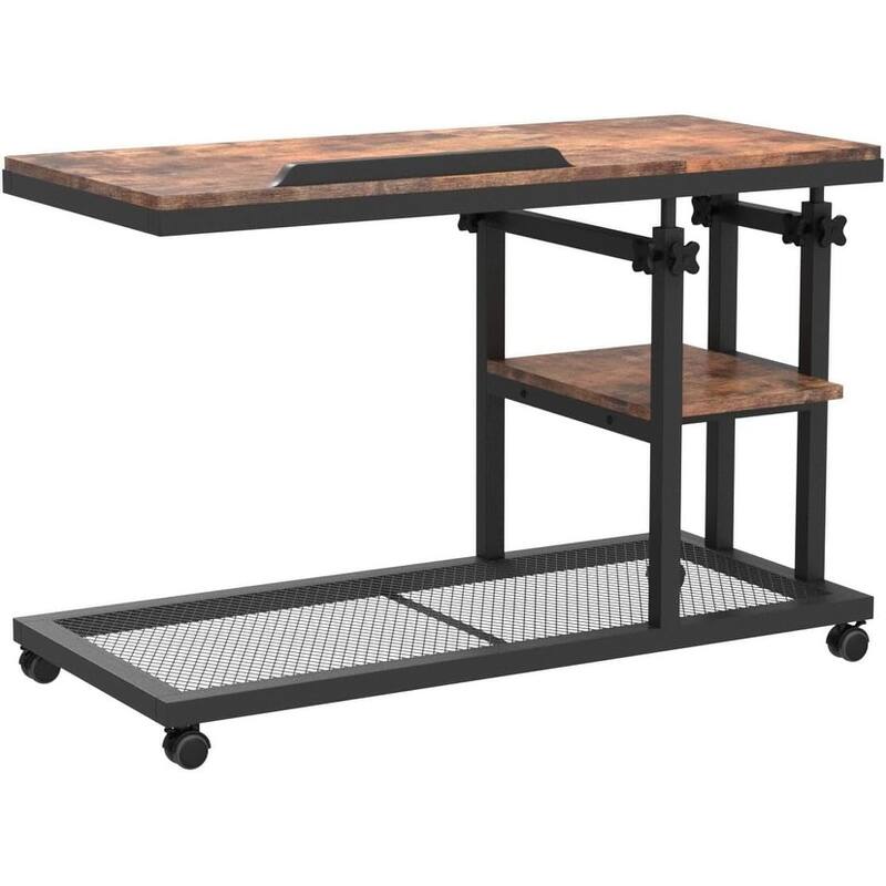 32"W Adjustable C-Shaped End Table with Wheels & Tilting Top,with Side Pocket & Storage Shelf,Rolling Overbed Couch Tray Table