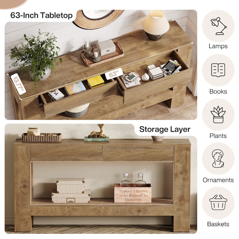 2-Tier Wooden Console Table with 2 Drawers for Entrance - /