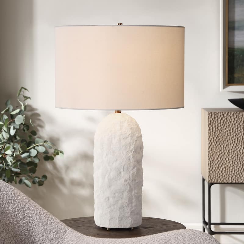 Sandstone Table Lamp with Round Shade - 27.5" - White and Brass
