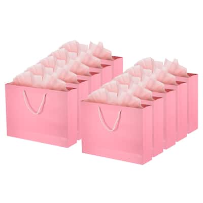 12 Set Favor Gift Bags Goodie Tote with Pink Tissue Paper Pink
