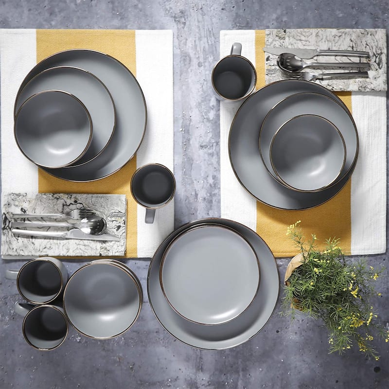 Gibson Home Rockaway Round Stoneware Dinnerware, Service for 4, Grey w/ Gold Rim - 23