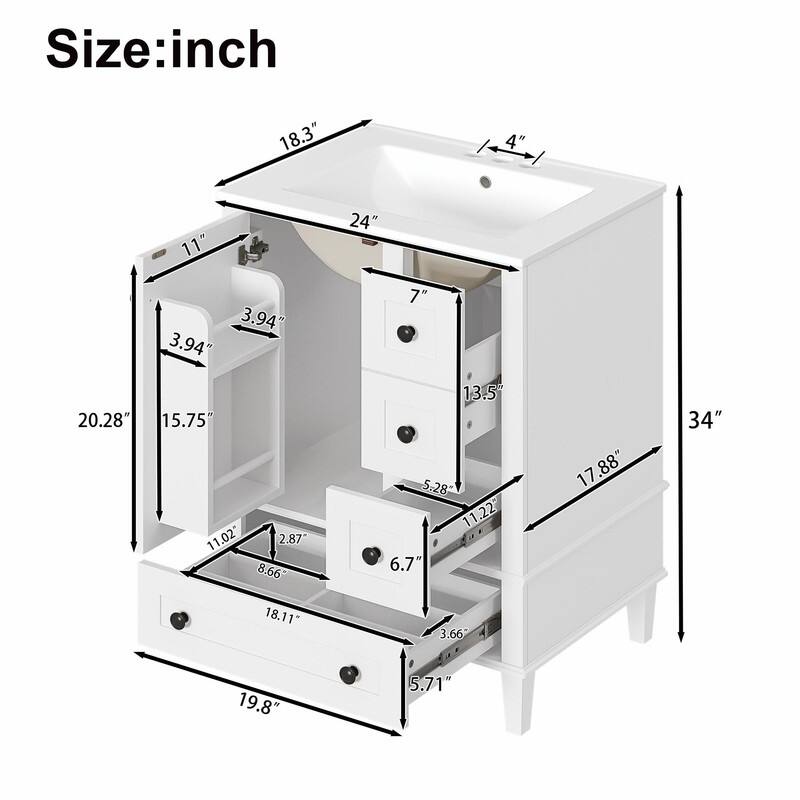 24" Bathroom Vanity with Ceramic Sink, Soft-Close Drawers, Soft-Close Door & Door-Mounted Shelf