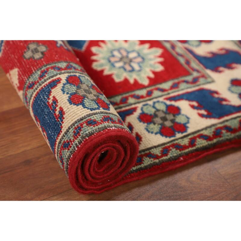 Oriental Kazak Accent Rug Hand-Knotted Geometric Red Wool Carpet - 2'10" x 3'11"