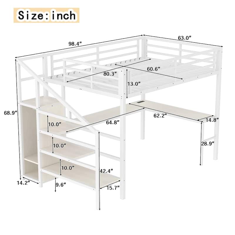 Queen Size Loft Bed with L-shaped Desk & USB,Metal Loft Bed w/Wardrobe