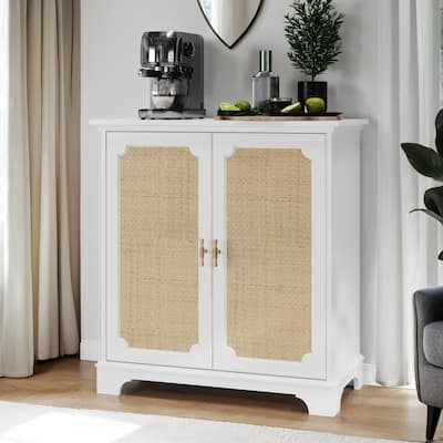Sideboard Buffet Storage Liquor Cabinet with Rattan Decorated Doors, Kitchen Buffet Storage Cabinet