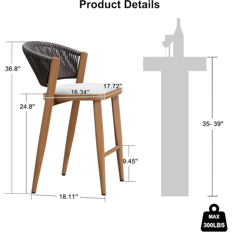 PURPLE LEAF Bar Stool Set of 2 Outdoor Rattan Bar Chair with Back Metal Bar Height Stool Wicker Barstool Dark Grey - N/A