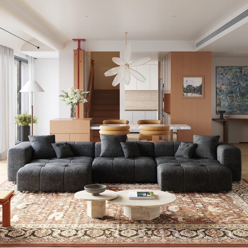 Extra Large U Shaped Linen Modular Sectional Couch with Ottoman for Living Room - Black-3 seats+2 ottoman