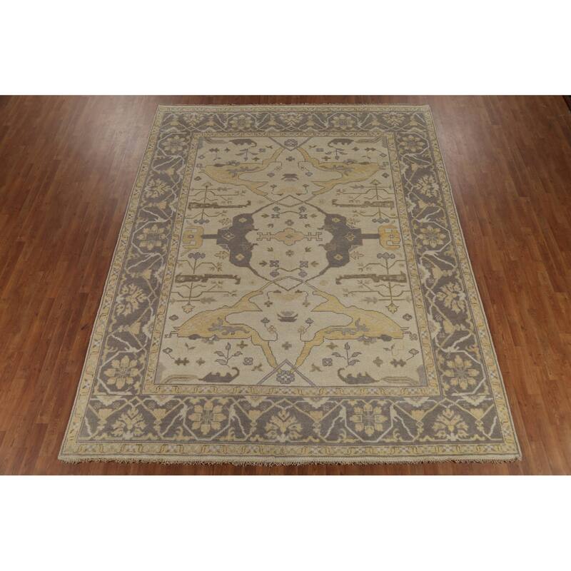 Earth Tone Oushak Indian Rug Hand-Knotted Floral Wool Carpet - 9'2"x 11'6"