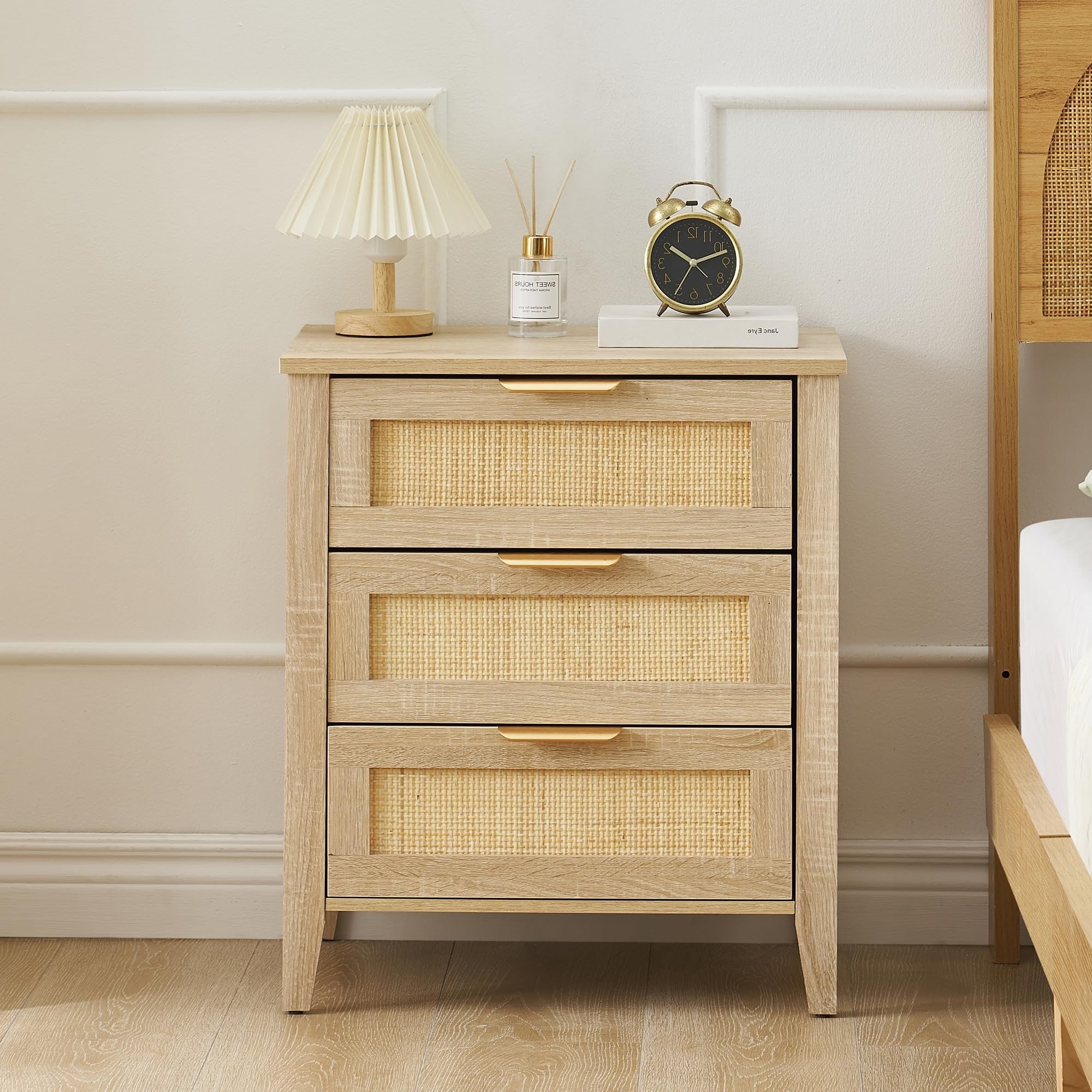 Wood Tone Nightstand with Rattan Front,3-Drawer Wood Accent Table for Bedroom, Compact Storage with Natural Fiber Design