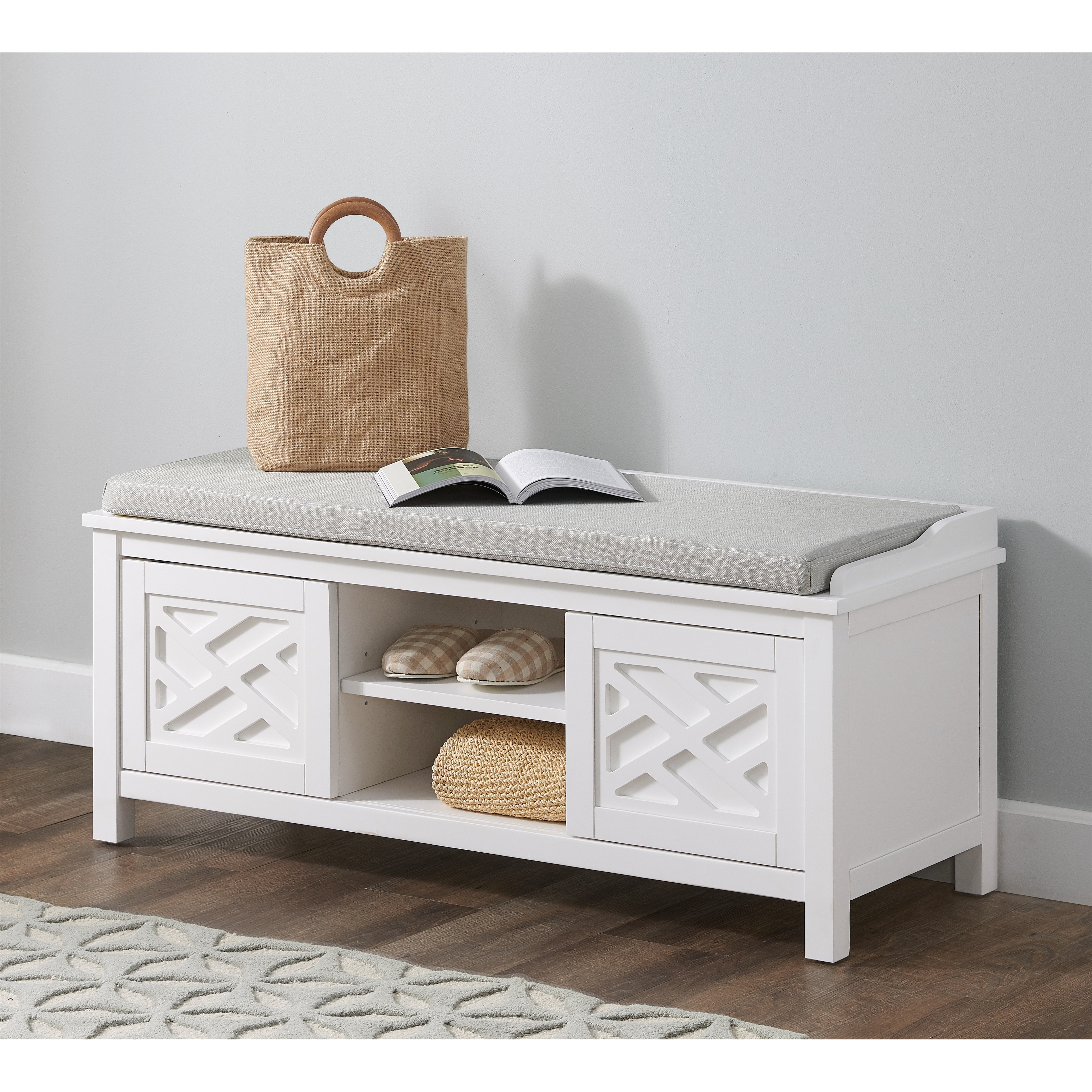 White Twin Seater Storage Bench Home Furniture w/ Drawers Wicker Baskets Cushion 