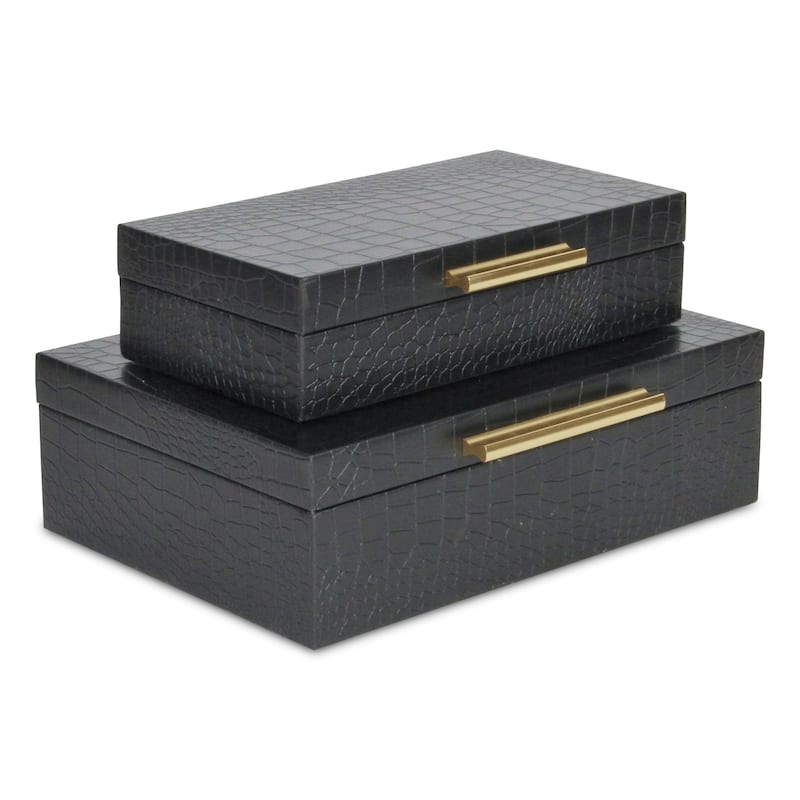Set of 2 Black Rectangular Faux Croco Decorative Box with H&les 11.75"