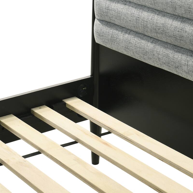 Artemio Black or Walnut Wood Queen Platform Bed Frame with Grey Upholstered Headboard