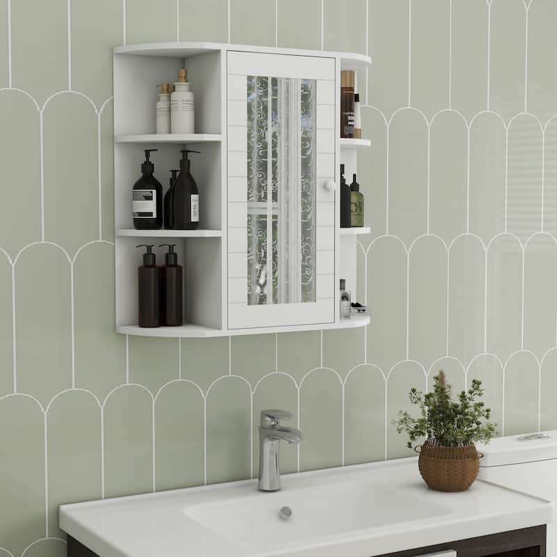 White MDF Wall-Mounted Bathroom Medicine Cabinet with Mirrored Door and Shelves - 11.75" W x 11" D x 70.75" H