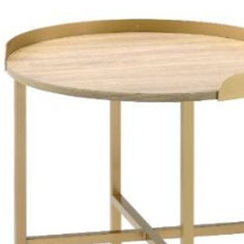 22" Round Oak Wood End Table with Gold Metal and Removable Tray Top for Living Room or Bedroom - 22"L x 22”W x 22"H