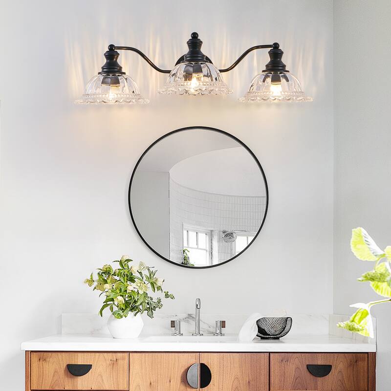 24 Inch 3-Light Vintage Bathroom Wall Sconce - Elegant Metal and Glass Lampshade Vanity Light Fixture for Bathroom - Black