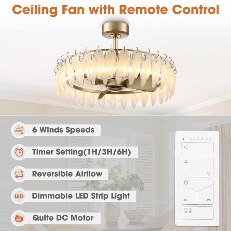 32" Rusted Silver Glass Feather 3-Blade Fandelier Caged Ceiling Fan with Light and Remote