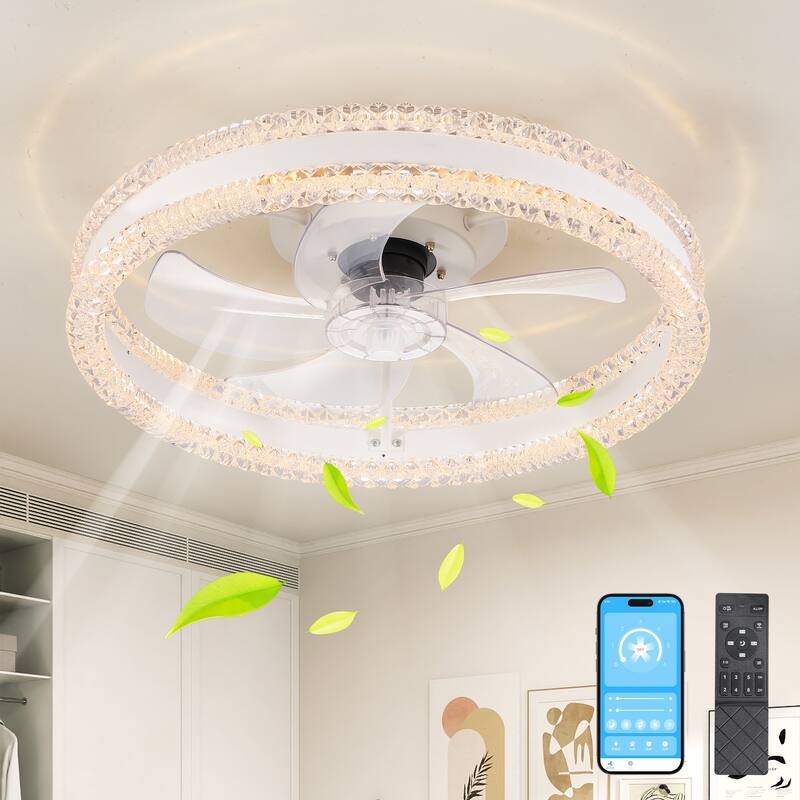 20" Luxury Double Ring LED Ceiling Fan with Light - Modern Flush Mount Design, Hidden Blades, Dimmable Lighting - White