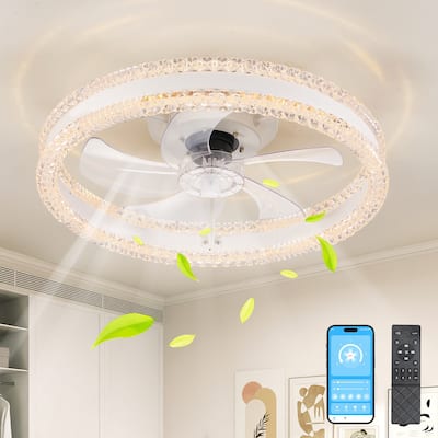 20" Luxury Double Ring LED Ceiling Fan with Light - Modern Flush Mount Design, Hidden Blades, Dimmable Lighting