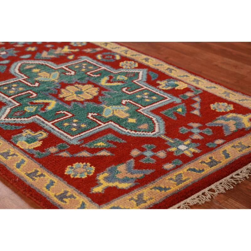 Red Geometric Khotan Indian Runner Rug Hand-Knotted Wool Carpet - 2'7"x 7'8" - 2'7"x 7'8" - Red