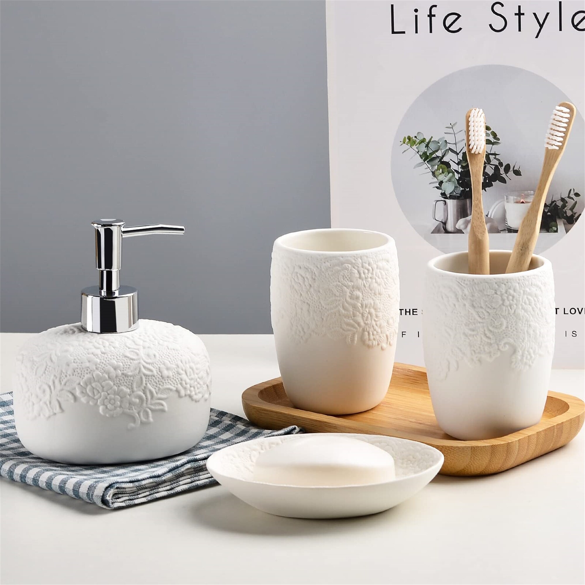 Home Basics 4 Piece Ceramic Luxury Bath Accessory Set with Stunning Sequin Accents - White