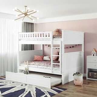 Maximized Space,Full Over Full Bunk Bed with Twin Size Trundle, Pine Wood Bunk Bed with Guardrails