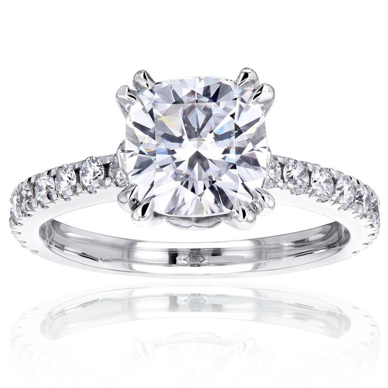 Kobelli 2.45 Carats Moissanite & Natural Diamond 14k Solid Gold Cushion Tulip Prongs Madison Engagement Ring - 7 - White
