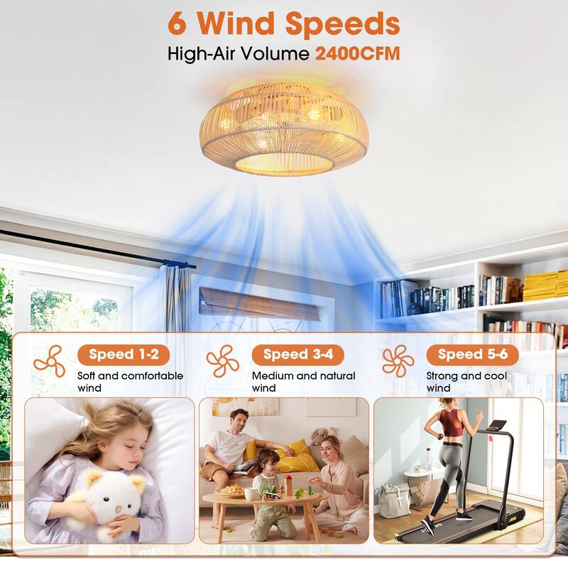 20-in Coastal Weave Rattan Gold Flush Mount Caged Ceiling Fan with Remote