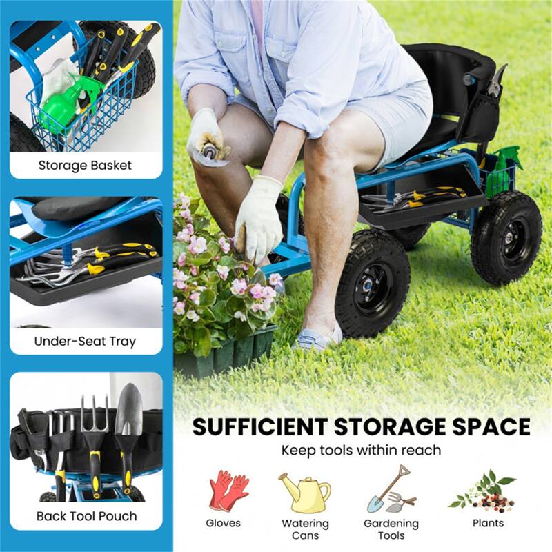 Adjustable Rolling Garden Cart with 360-Degree Swivel Seat Heavy-Duty Metal Frame Storage Basket - 35.5" x 24" x 23.5"-27"