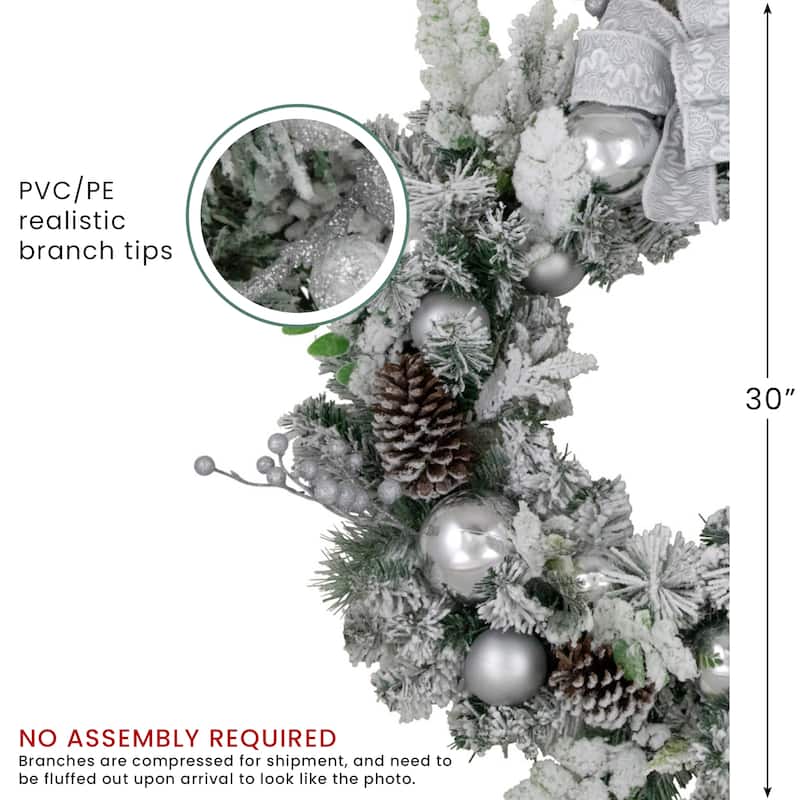 Glitter Frosted Foliage Artificial Christmas Wreath Bow, 30", Unlit