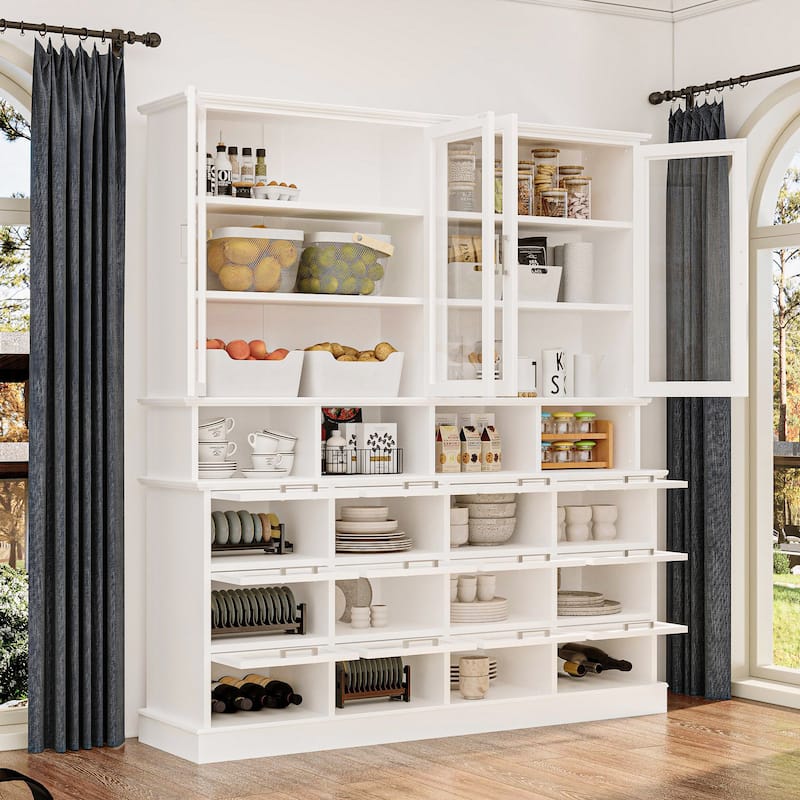 Large Kitchen Pantry Cabinet with Glass Doors and Bottom-Pull Drawers