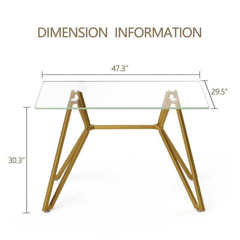 Gold Modern Tempered Glass Dining Table with Metal Legs for Kitchen, Living Room