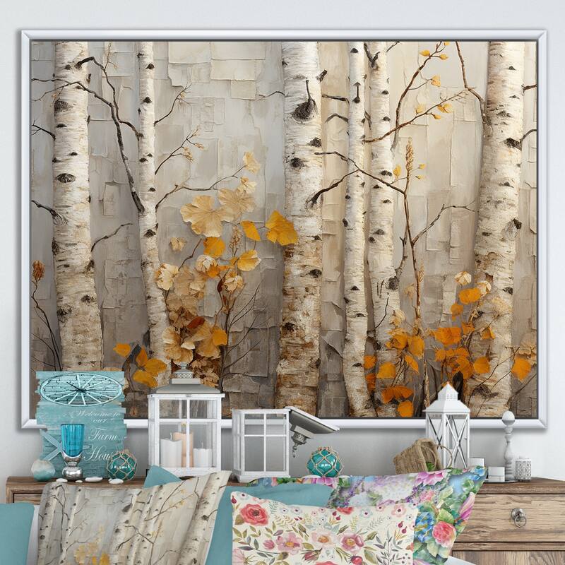 Designart "Autumn Birch Tree Elegance" Tree Orange Wall Decor - Country Living Room Framed Canvas Art