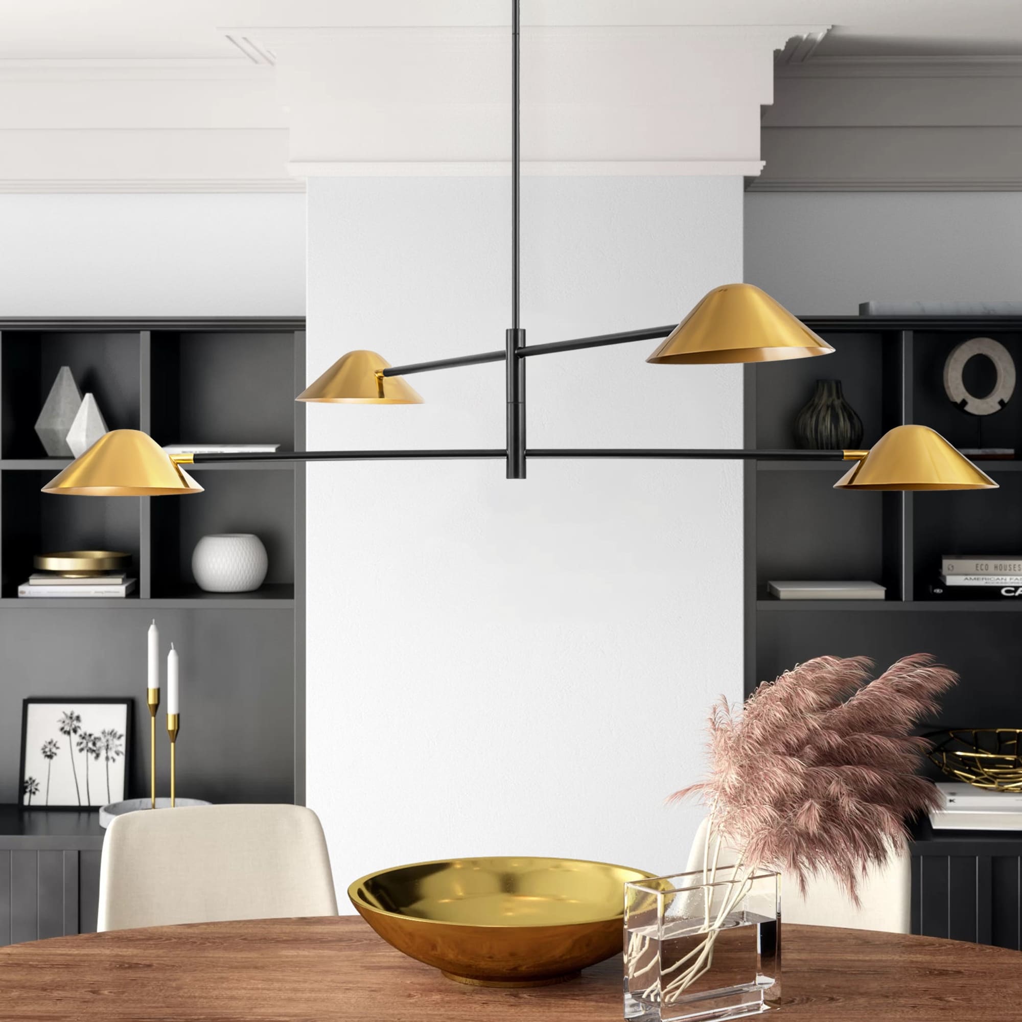 4-Light Mid-Century Modern Industrial Oversized Sputnik Pendant Light Cone Linear Chandelier - 59 in. W x 9.8 in. H