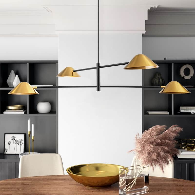 4-Light Mid-Century Modern Industrial Oversized Sputnik Pendant Light Cone Linear Chandelier - 59 in. W x 9.8 in. H - 59 in. W x 9.8 in. H - Black/Brass