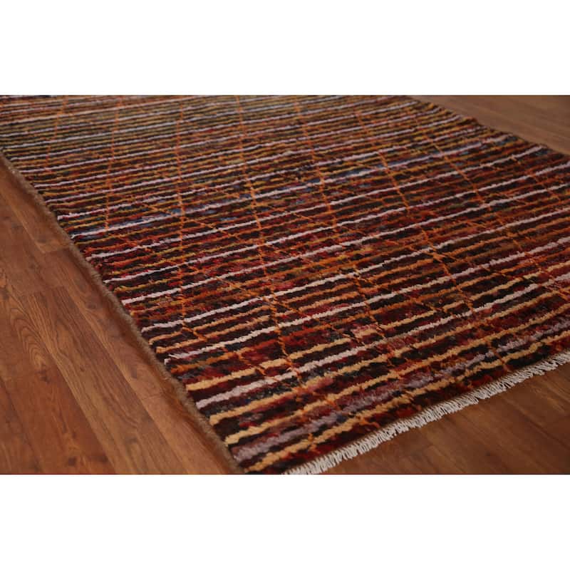 Striped Trellis Moroccan Oriental Rug Hand-Knotted Wool Carpet - 4'7" x 6'4" - 4'7" x 6'4" - Multi-Color