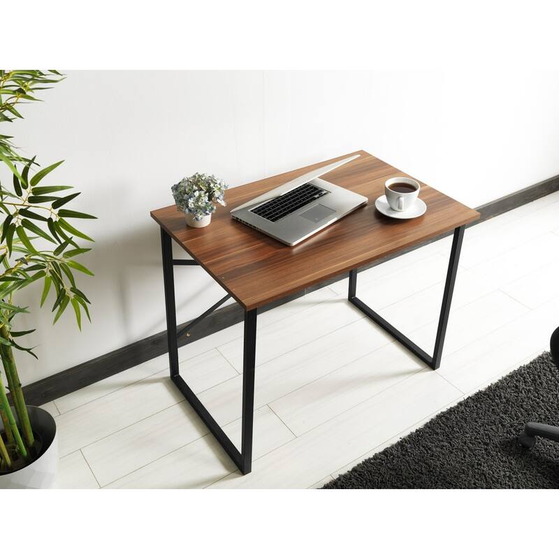 Modern Small Writing and Computer Desk with Sturdy Metal Frame and Solid Wood Top for Teen Rooms and Offices - Walnut