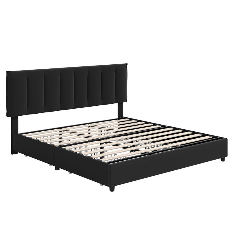 Black Bed Frame with 4 Storage Drawers, Upholstered Platform Bed Frame with Adjustable Headboard