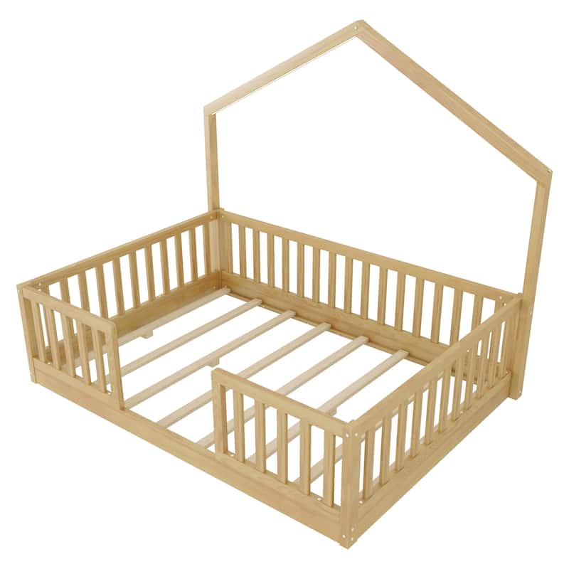 Full Floor Bed with High Rails, Wooden Montessori Bed with Light for Kids, Boys and Girls, Natural